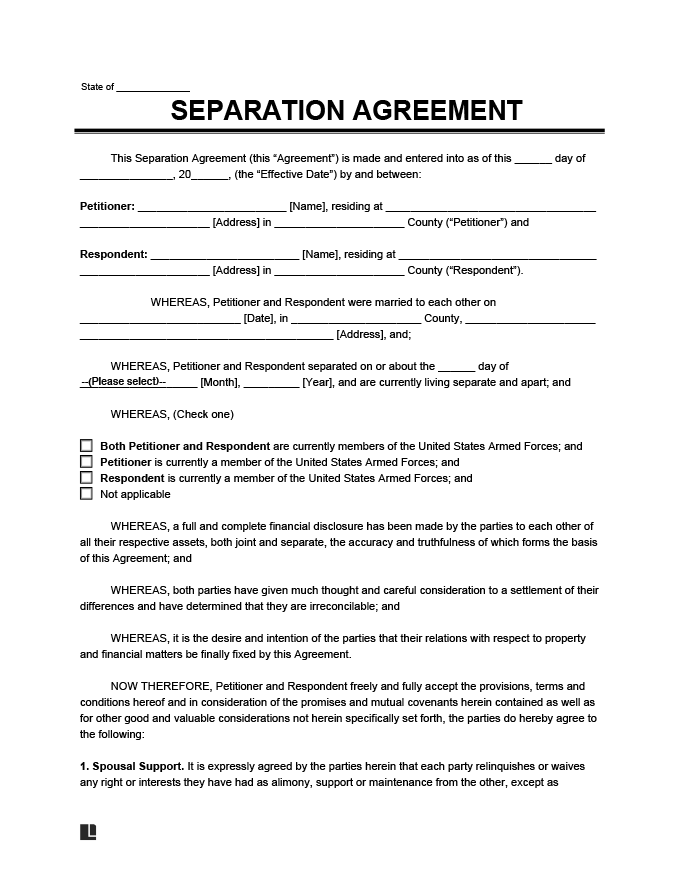 Template Printable Do It Yourself Separation Agreement Free Templates 