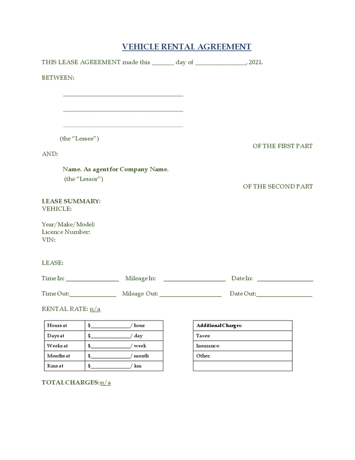 Vehicle Rental Agreement Sample In Word And Pdf Formats