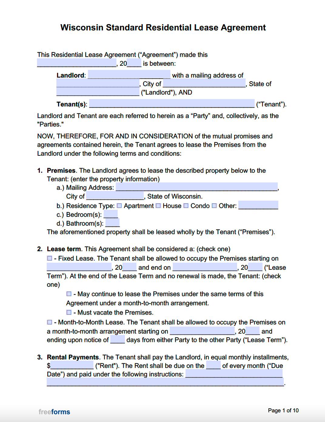 Wisconsin Rental Agreement Custom Free Printable Forms Printable 