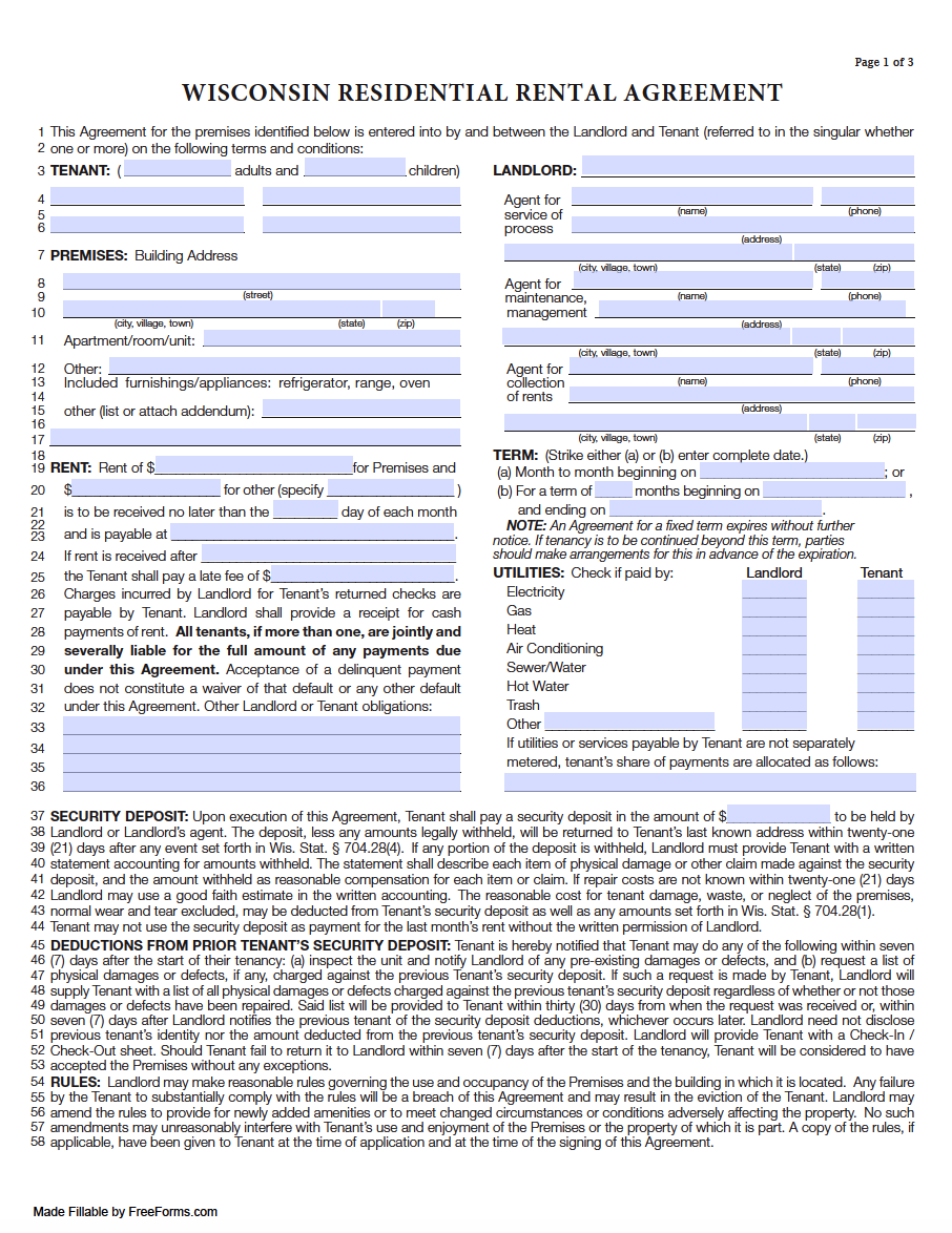 Wisconsin Rental Agreement Custom Free Printable Forms Printable 