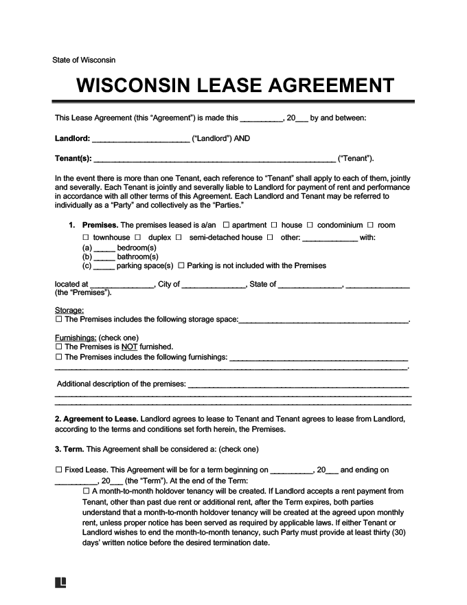 Wisconsin Residential Lease Rental Agreement Forms Docs Free PDF 