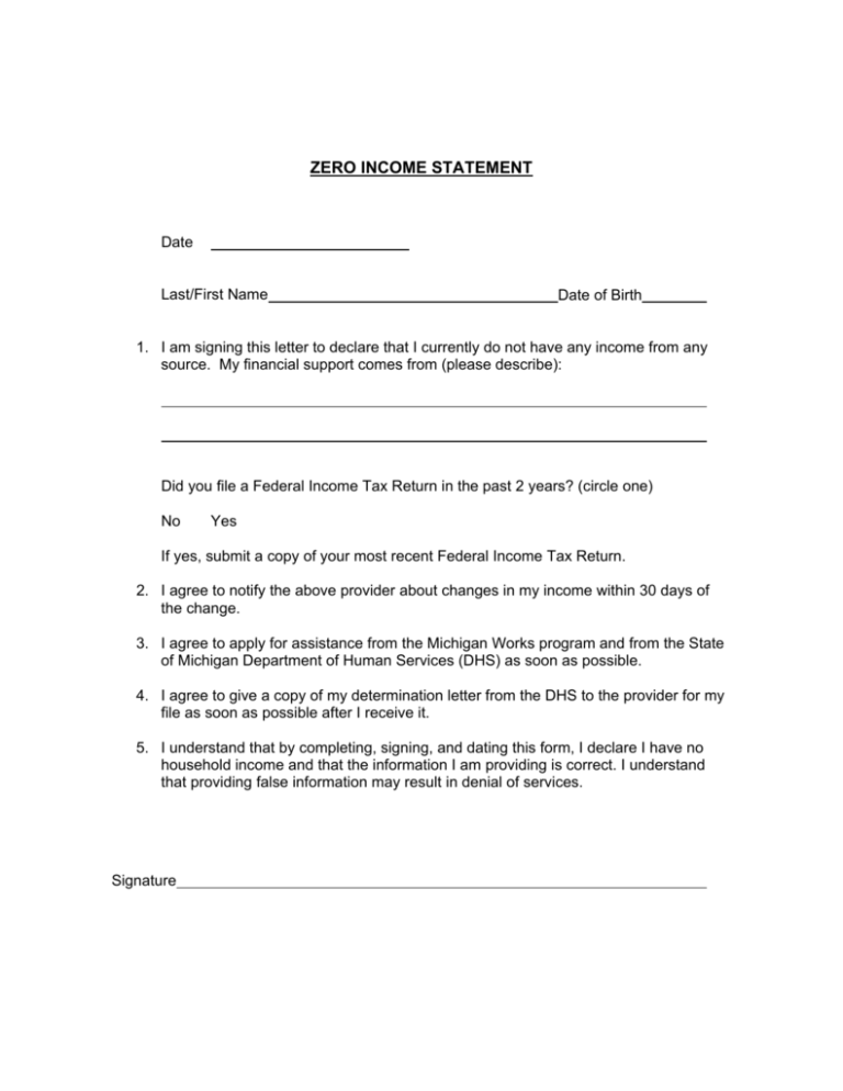 ZERO INCOME STATEMENT